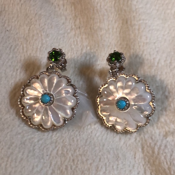 Stunning Mother of Pearl, Sleeping Beauty Turquoise, Chrome Diopside Earrings - Picture 2 of 4